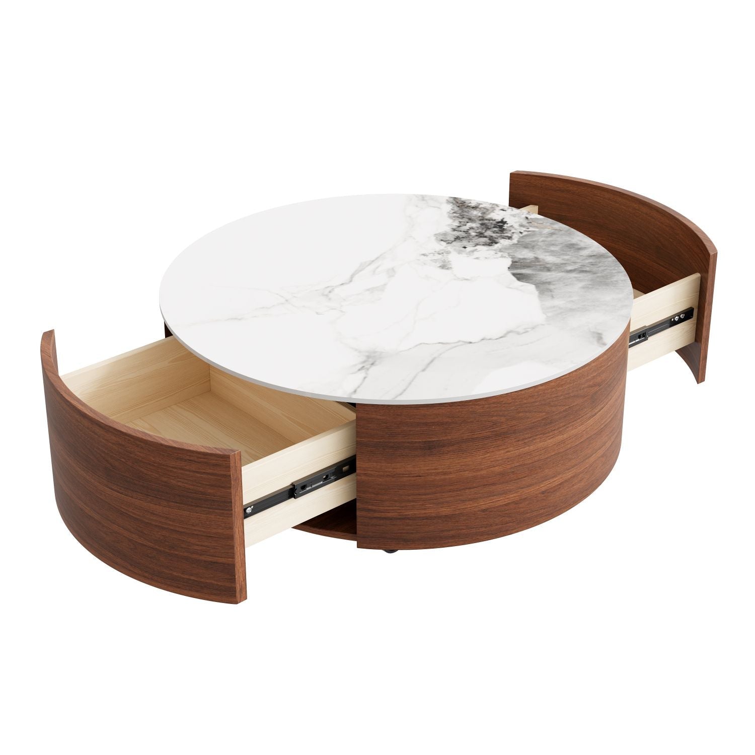 Modern Round Movable Coffee Table with Casters, 2 Drawers, Marble Pattern Sintered Stone Top, Walnut, 29.5" - Cool Brand Designs