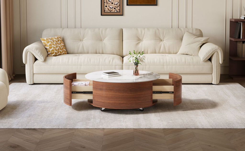 Modern Round Movable Coffee Table with Casters, 2 Drawers, Marble Pattern Sintered Stone Top, Walnut, 29.5" - Cool Brand Designs