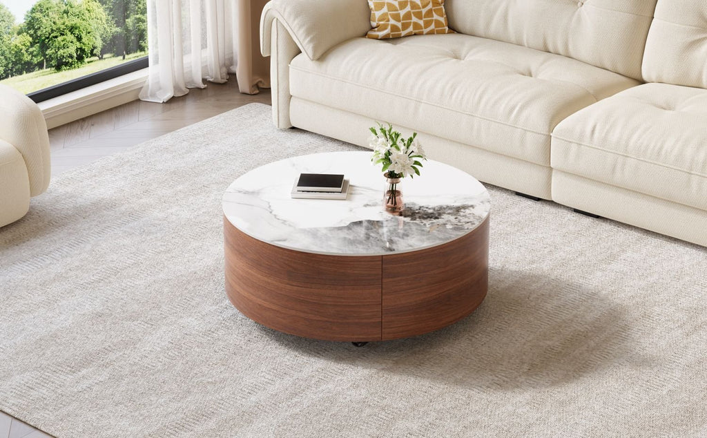 Modern Round Movable Coffee Table with Casters, 2 Drawers, Marble Pattern Sintered Stone Top, Walnut, 29.5" - Cool Brand Designs