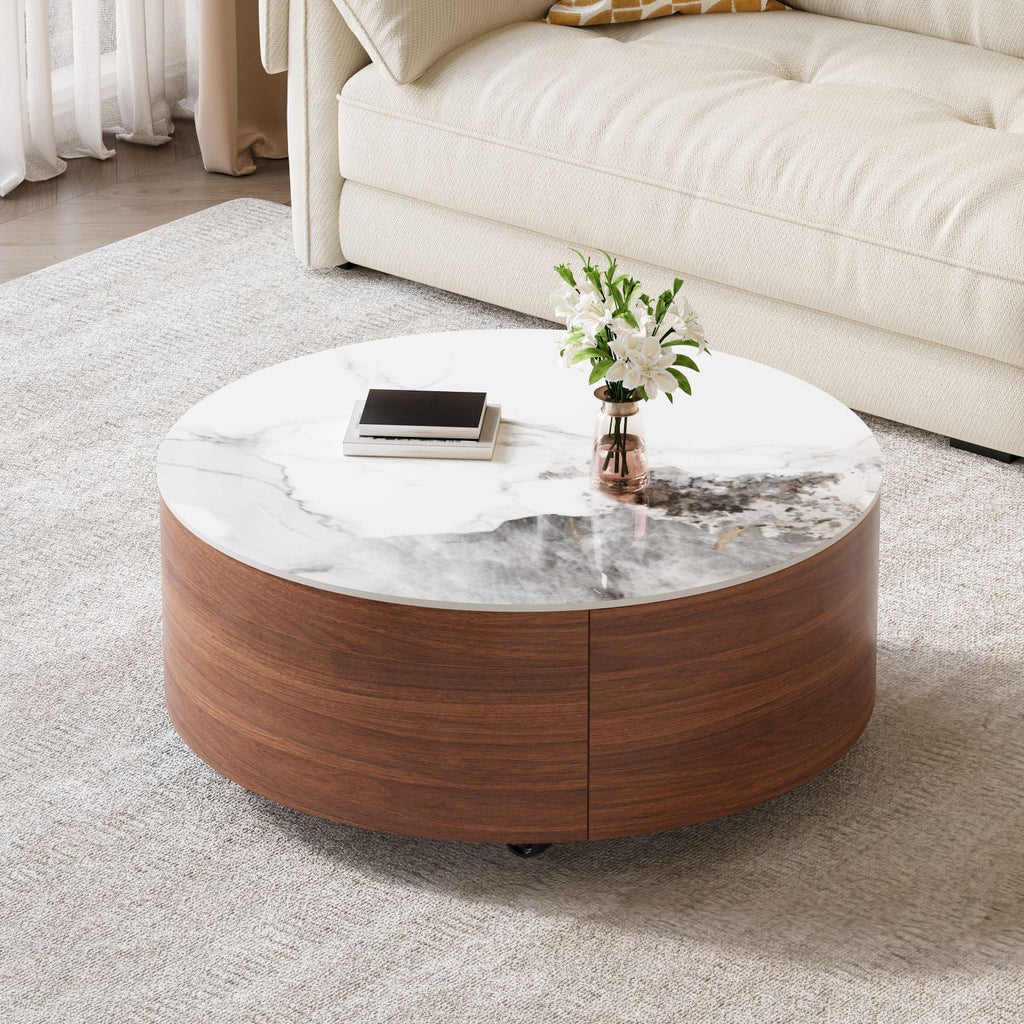 Modern Round Movable Coffee Table with Casters, 2 Drawers, Marble Pattern Sintered Stone Top, Walnut, 29.5" - Cool Brand Designs