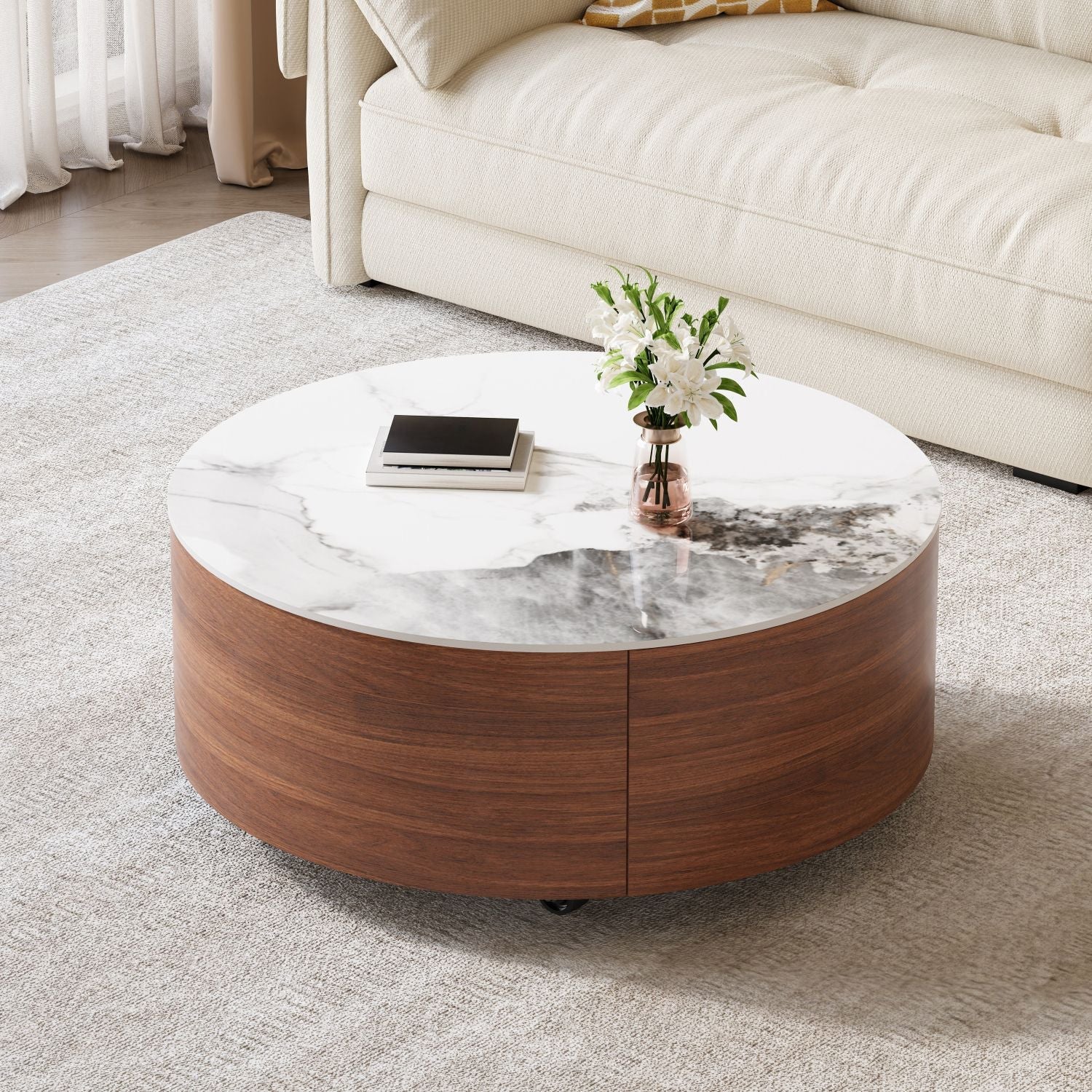 Modern Round Movable Coffee Table with Casters, 2 Drawers, Marble Pattern Sintered Stone Top, Walnut, 29.5" - Cool Brand Designs