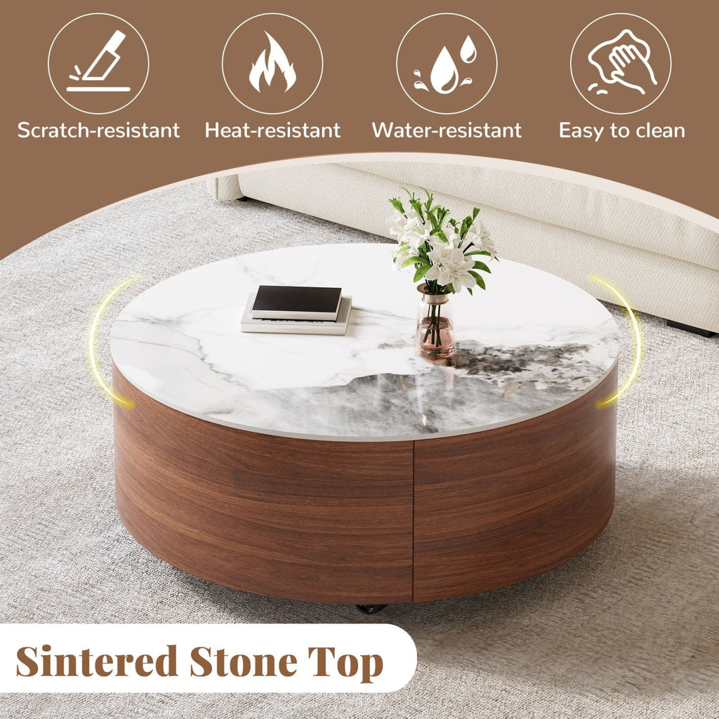 Modern Round Movable Coffee Table with Casters, 2 Drawers, Marble Pattern Sintered Stone Top, Walnut, 29.5" - Cool Brand Designs