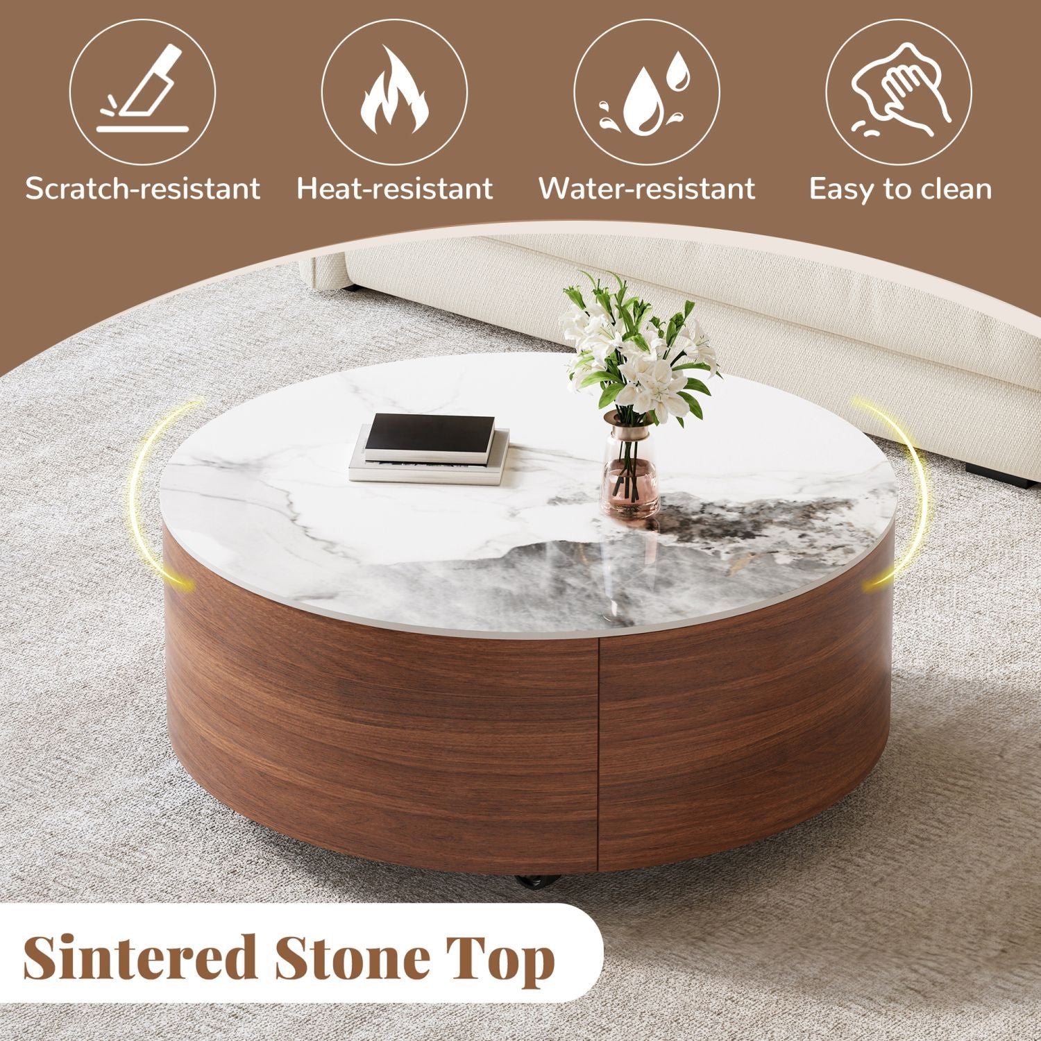 Modern Round Movable Coffee Table with Casters, 2 Drawers, Marble Pattern Sintered Stone Top, Walnut, 29.5" - Cool Brand Designs