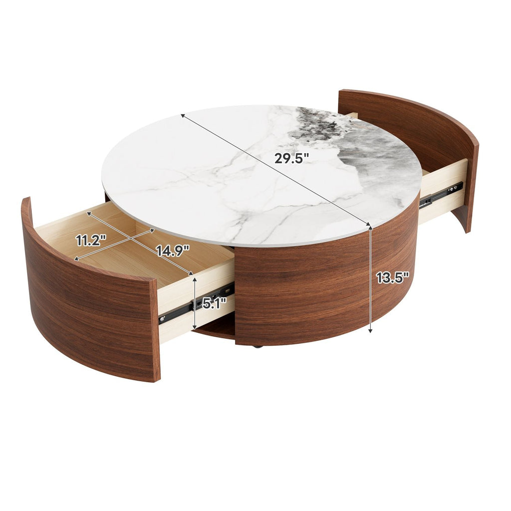 Modern Round Movable Coffee Table with Casters, 2 Drawers, Marble Pattern Sintered Stone Top, Walnut, 29.5" - Cool Brand Designs