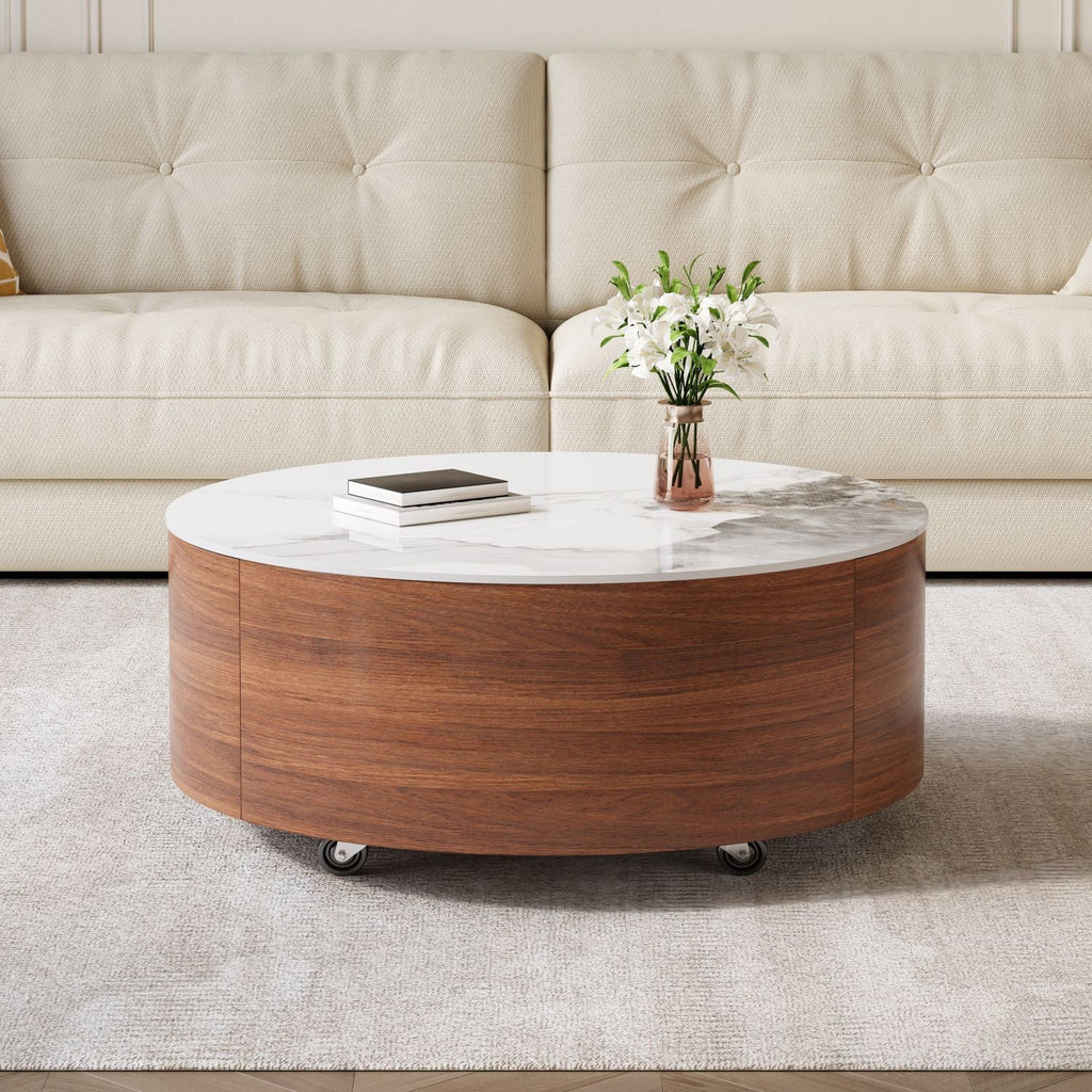 Modern Round Movable Coffee Table with Casters, 2 Drawers, Marble Pattern Sintered Stone Top, Walnut, 29.5" - Cool Brand Designs