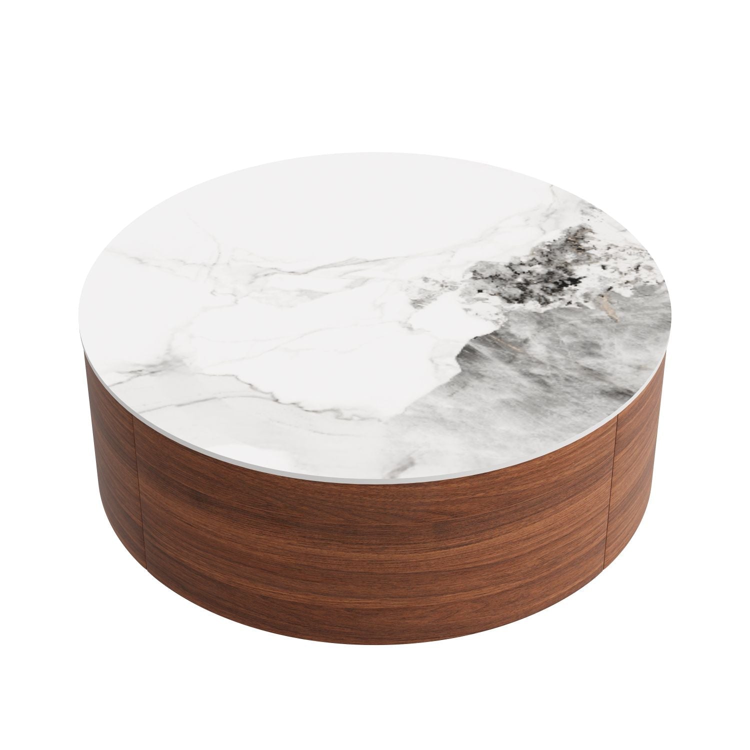 Modern Round Movable Coffee Table with Casters, 2 Drawers, Marble Pattern Sintered Stone Top, Walnut, 29.5" - Cool Brand Designs