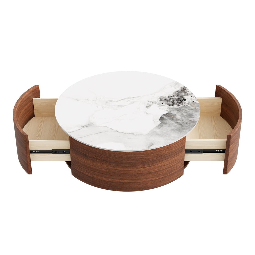 Modern Round Movable Coffee Table with Casters, 2 Drawers, Marble Pattern Sintered Stone Top, Walnut, 29.5" - Cool Brand Designs