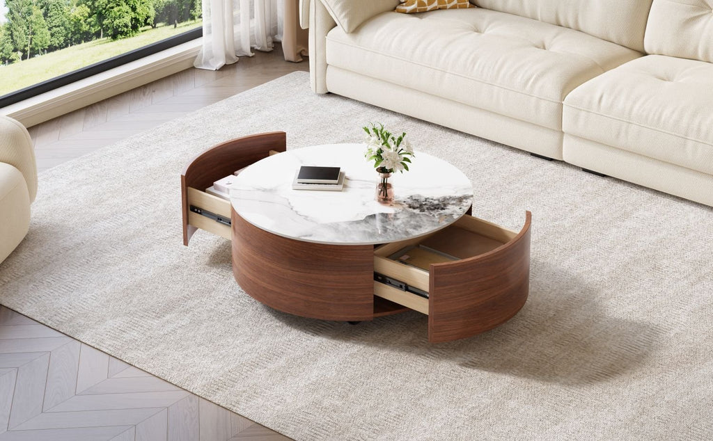 Modern Round Movable Coffee Table with Casters, 2 Drawers, Marble Pattern Sintered Stone Top, Walnut, 29.5" - Cool Brand Designs