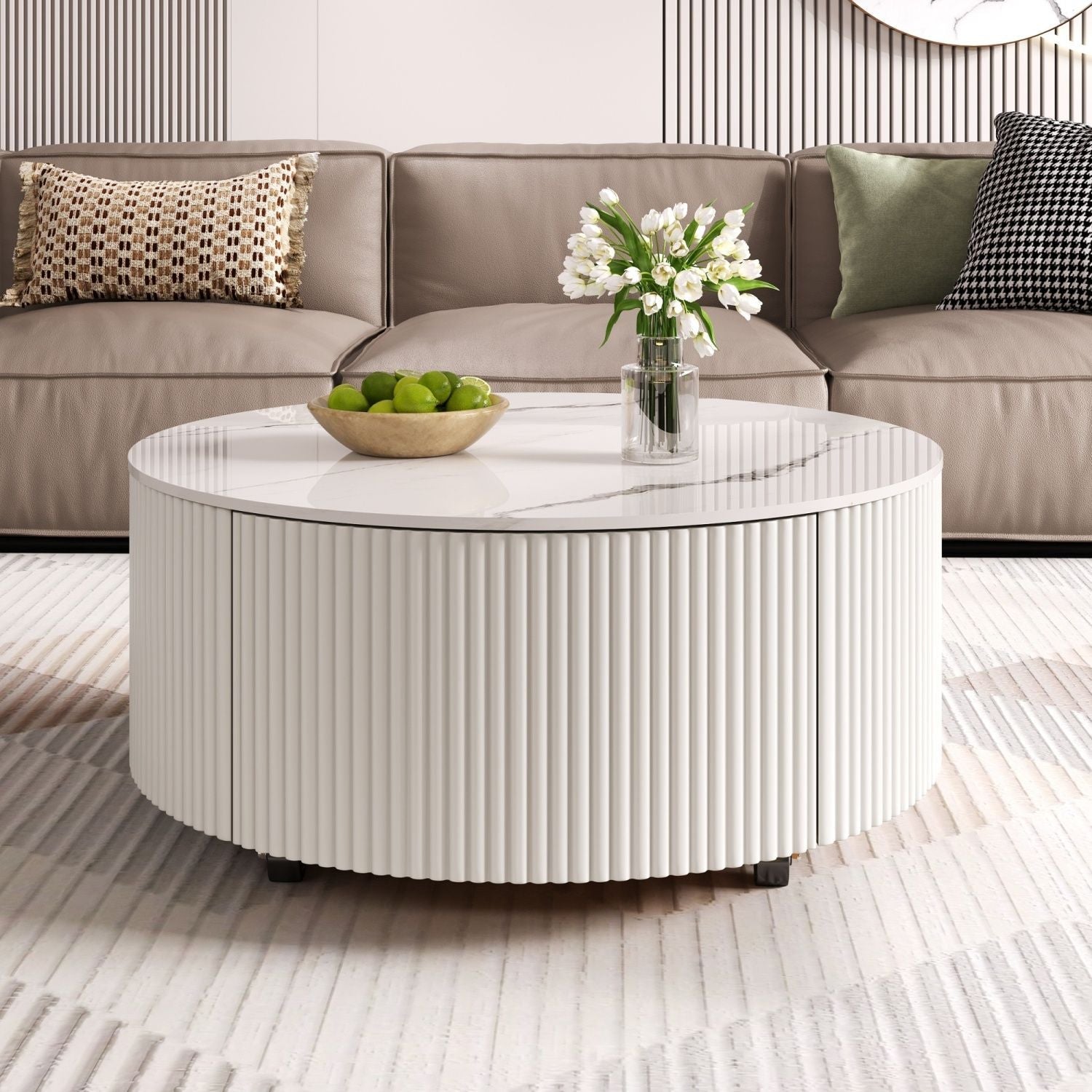 Modern Round Movable Coffee Table with Casters, 2 Drawers, Marble Pattern Sintered Stone Top, White, 29.5" - Cool Brand Designs
