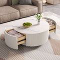 Modern Round Movable Coffee Table with Casters, 2 Drawers, Marble Pattern Sintered Stone Top, White, 29.5" - Cool Brand Designs