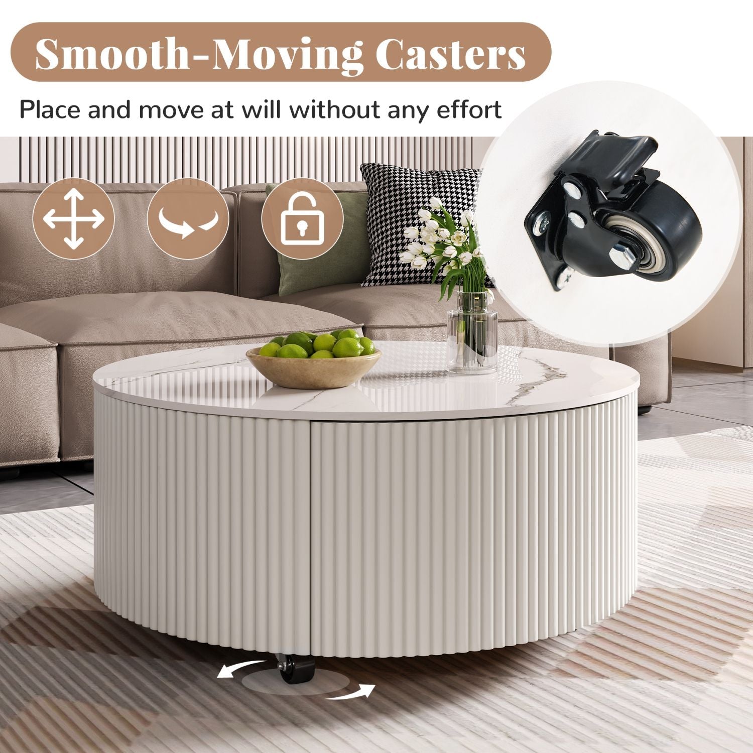 Modern Round Movable Coffee Table with Casters, 2 Drawers, Marble Pattern Sintered Stone Top, White, 29.5" - Cool Brand Designs