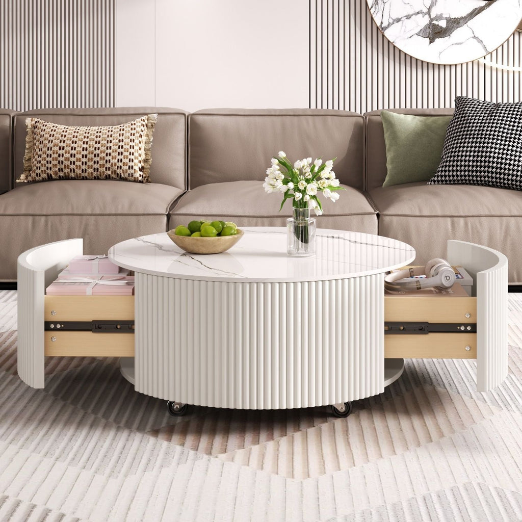 Modern Round Movable Coffee Table with Casters, 2 Drawers, Marble Pattern Sintered Stone Top, White, 29.5" - Cool Brand Designs
