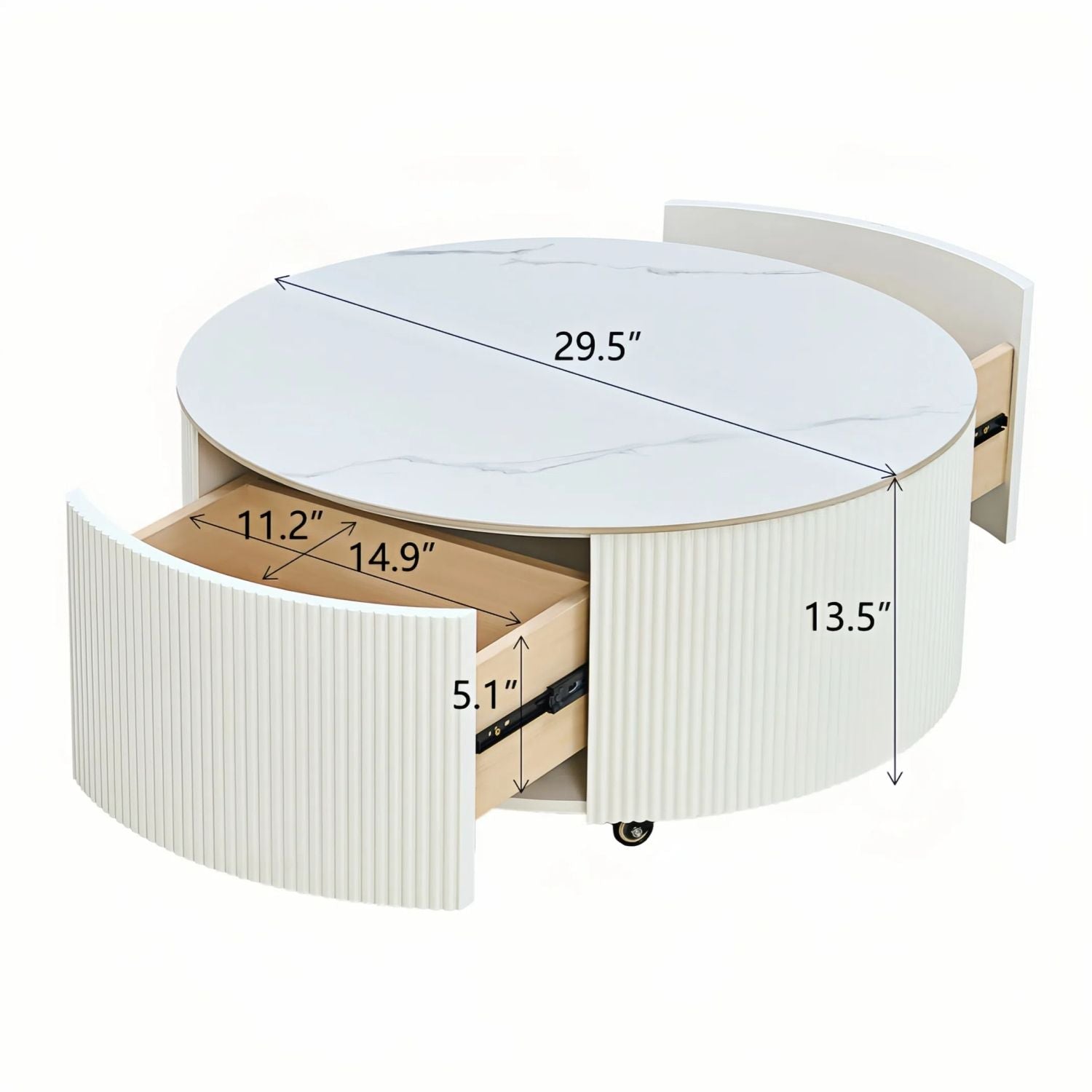 Modern Round Movable Coffee Table with Casters, 2 Drawers, Marble Pattern Sintered Stone Top, White, 29.5" - Cool Brand Designs