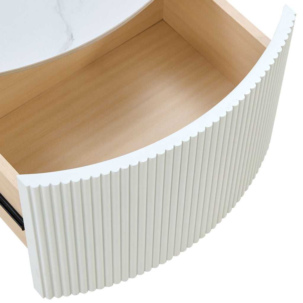 Modern Round Movable Coffee Table with Casters, 2 Drawers, Marble Pattern Sintered Stone Top, White, 29.5" - Cool Brand Designs
