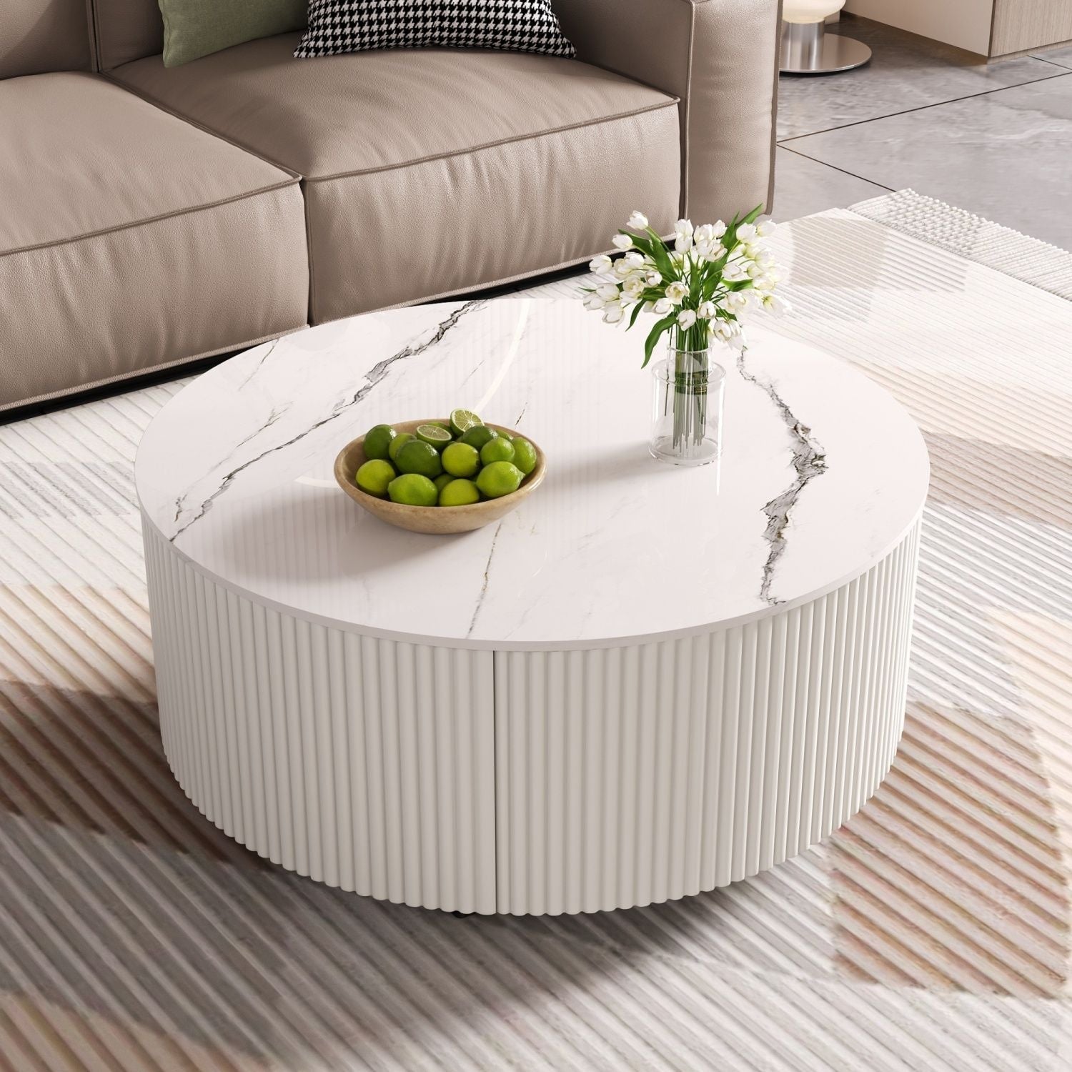 Modern Round Movable Coffee Table with Casters, 2 Drawers, Marble Pattern Sintered Stone Top, White, 29.5" - Cool Brand Designs