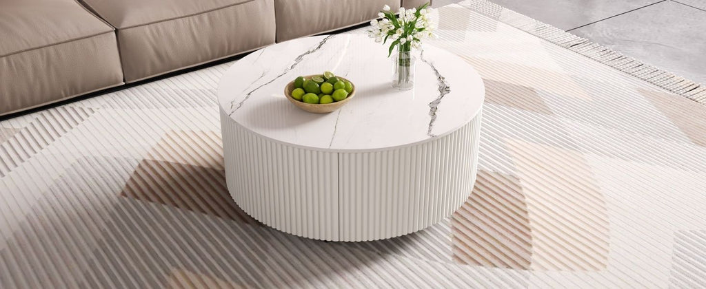 Modern Round Movable Coffee Table with Casters, 2 Drawers, Marble Pattern Sintered Stone Top, White, 29.5" - Cool Brand Designs