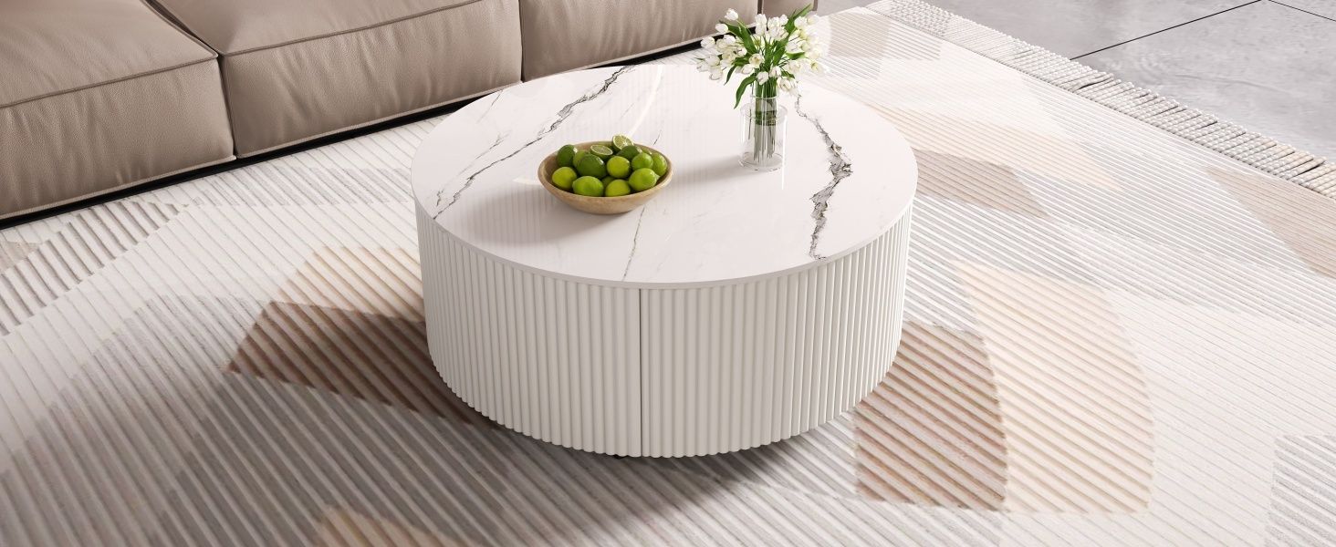 Modern Round Movable Coffee Table with Casters, 2 Drawers, Marble Pattern Sintered Stone Top, White, 29.5" - Cool Brand Designs