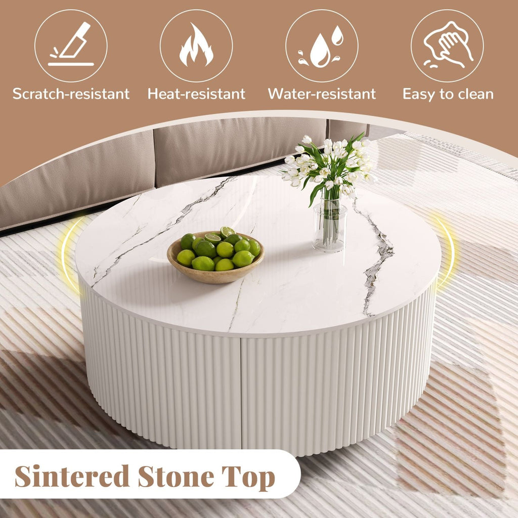 Modern Round Movable Coffee Table with Casters, 2 Drawers, Marble Pattern Sintered Stone Top, White, 29.5" - Cool Brand Designs