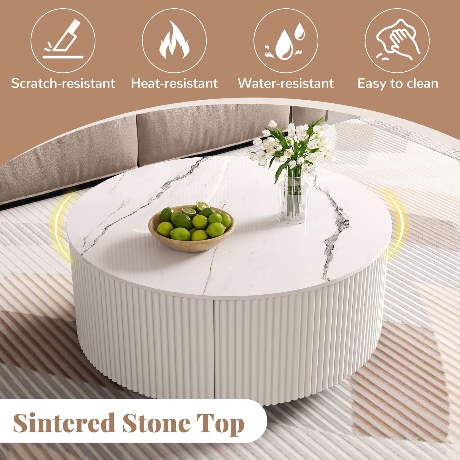 Modern Round Movable Coffee Table with Casters, 2 Drawers, Marble Pattern Sintered Stone Top, White, 29.5" - Cool Brand Designs