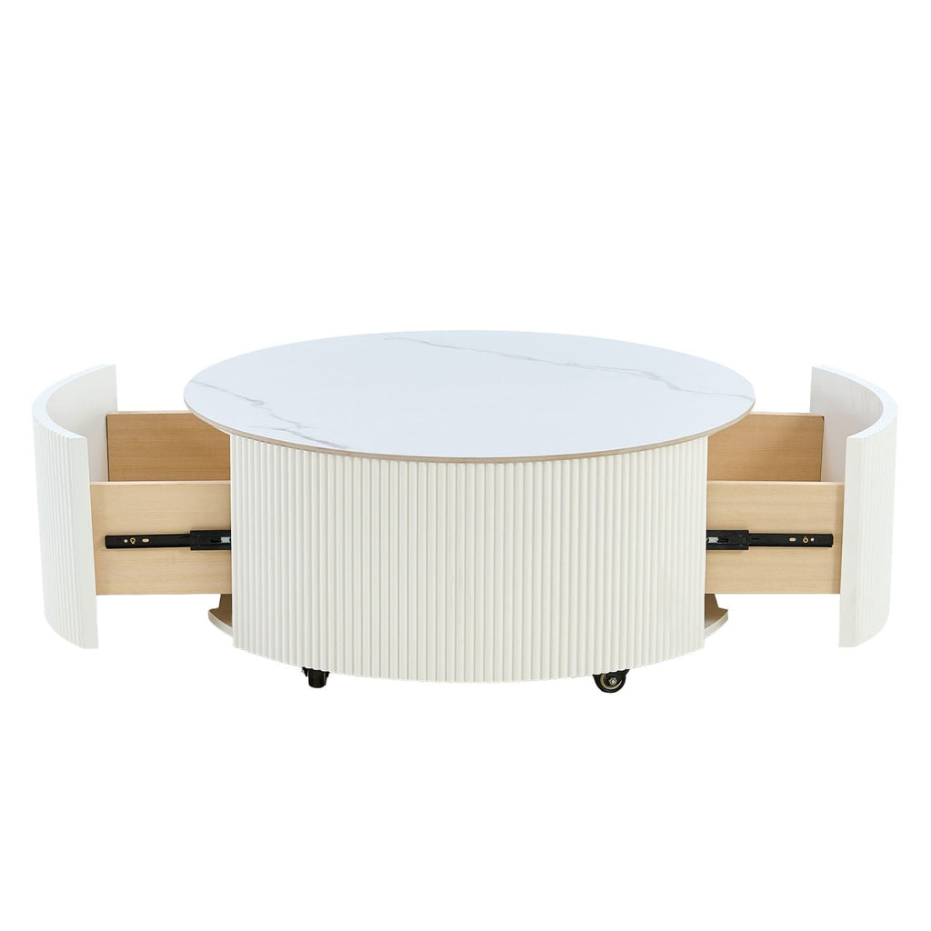 Modern Round Movable Coffee Table with Casters, 2 Drawers, Marble Pattern Sintered Stone Top, White, 29.5" - Cool Brand Designs