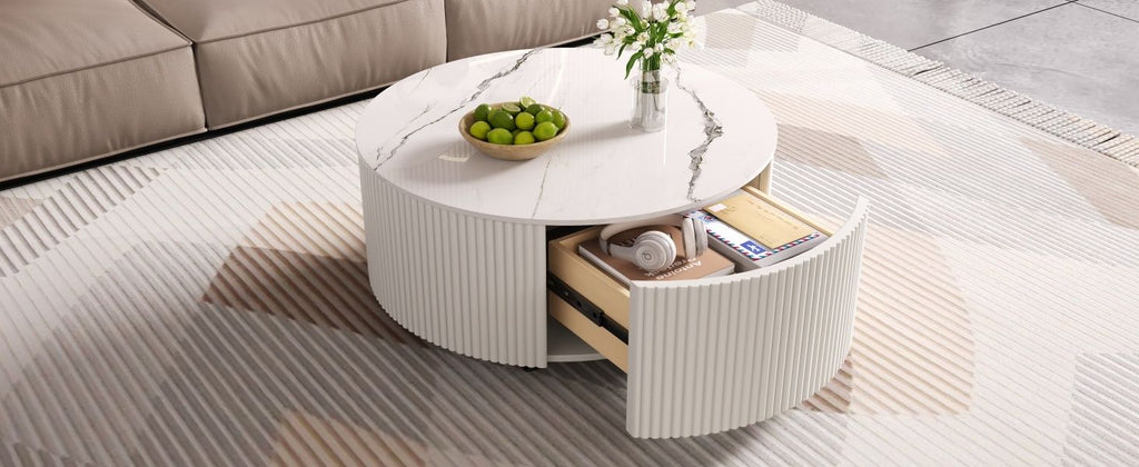 Modern Round Movable Coffee Table with Casters, 2 Drawers, Marble Pattern Sintered Stone Top, White, 29.5" - Cool Brand Designs