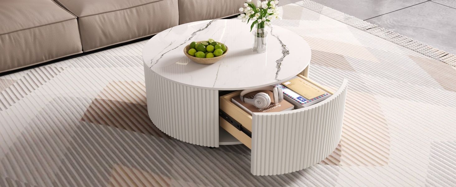 Modern Round Movable Coffee Table with Casters, 2 Drawers, Marble Pattern Sintered Stone Top, White, 29.5" - Cool Brand Designs