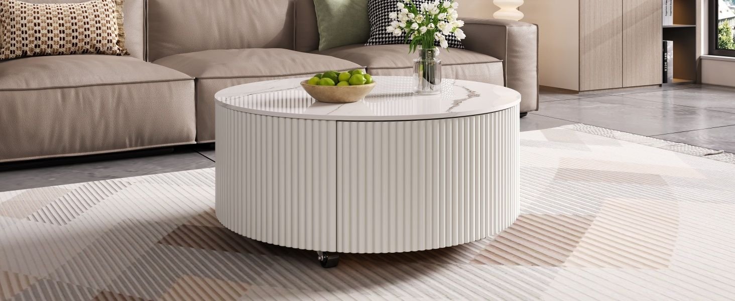 Modern Round Movable Coffee Table with Casters, 2 Drawers, Marble Pattern Sintered Stone Top, White, 29.5" - Cool Brand Designs