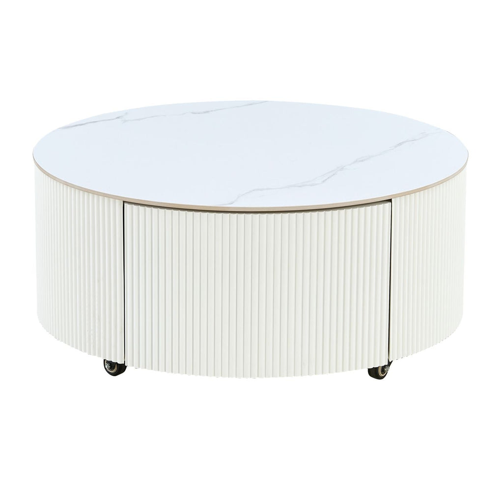 Modern Round Movable Coffee Table with Casters, 2 Drawers, Marble Pattern Sintered Stone Top, White, 29.5" - Cool Brand Designs