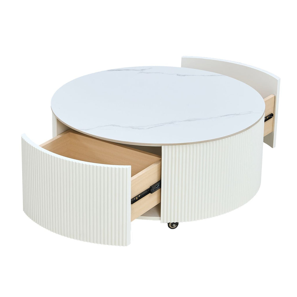 Modern Round Movable Coffee Table with Casters, 2 Drawers, Marble Pattern Sintered Stone Top, White, 29.5" - Cool Brand Designs