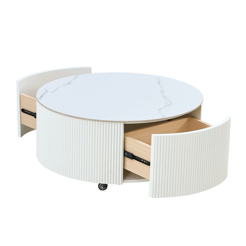Modern Round Movable Coffee Table with Casters, 2 Drawers, Marble Pattern Sintered Stone Top, White, 29.5" - Cool Brand Designs