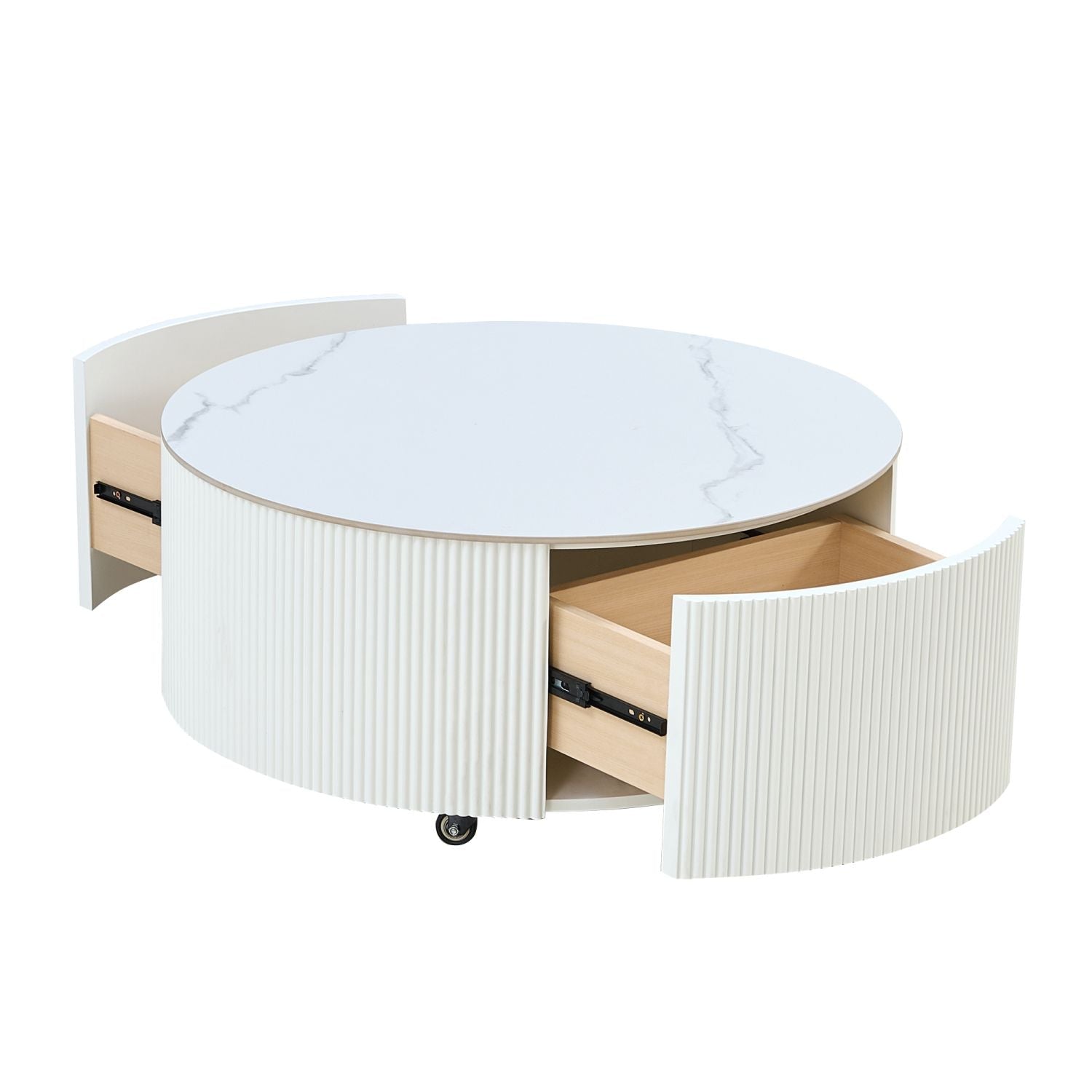 Modern Round Movable Coffee Table with Casters, 2 Drawers, Marble Pattern Sintered Stone Top, White, 29.5" - Cool Brand Designs
