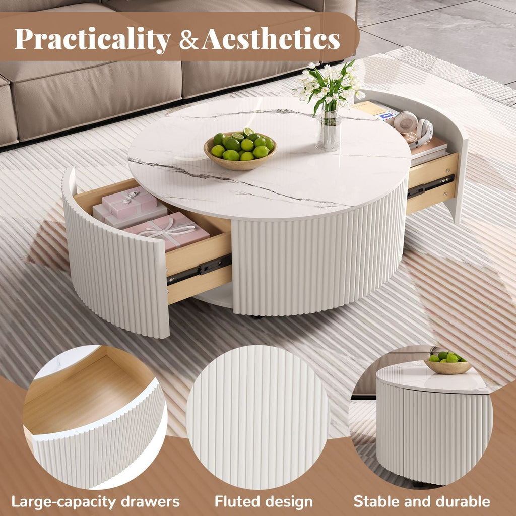 Modern Round Movable Coffee Table with Casters, 2 Drawers, Marble Pattern Sintered Stone Top, White, 29.5" - Cool Brand Designs