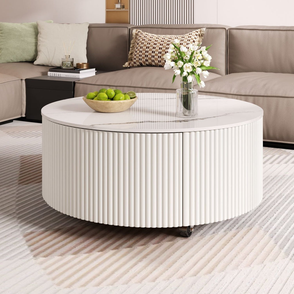 Modern Round Movable Coffee Table with Casters, 2 Drawers, Marble Pattern Sintered Stone Top, White, 29.5" - Cool Brand Designs