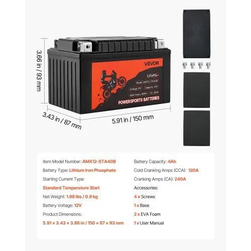 Motorcycle Battery, 12 Volt 4Ah, LiFePO4 Lithium Pre - Charged Powersports Battery, Maintenance Free & High Performance, Compatible with ATV, Motorcycle, Jet Skis, Scooter, UTV, and More - Cool Brand Designs