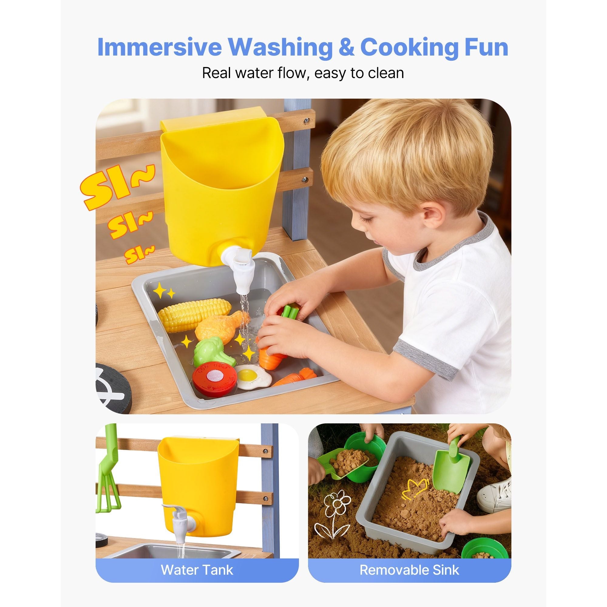 Mud Kitchen, Outdoor Mud Kitchen for Kids, Wood Outdoor Play Kitchens with Planting Box, Critter Catcher Container, Tank, Sink, Cookware Pots and Accessories, Wooden Play Kitchens for Lawn, Yard - Cool Brand Designs
