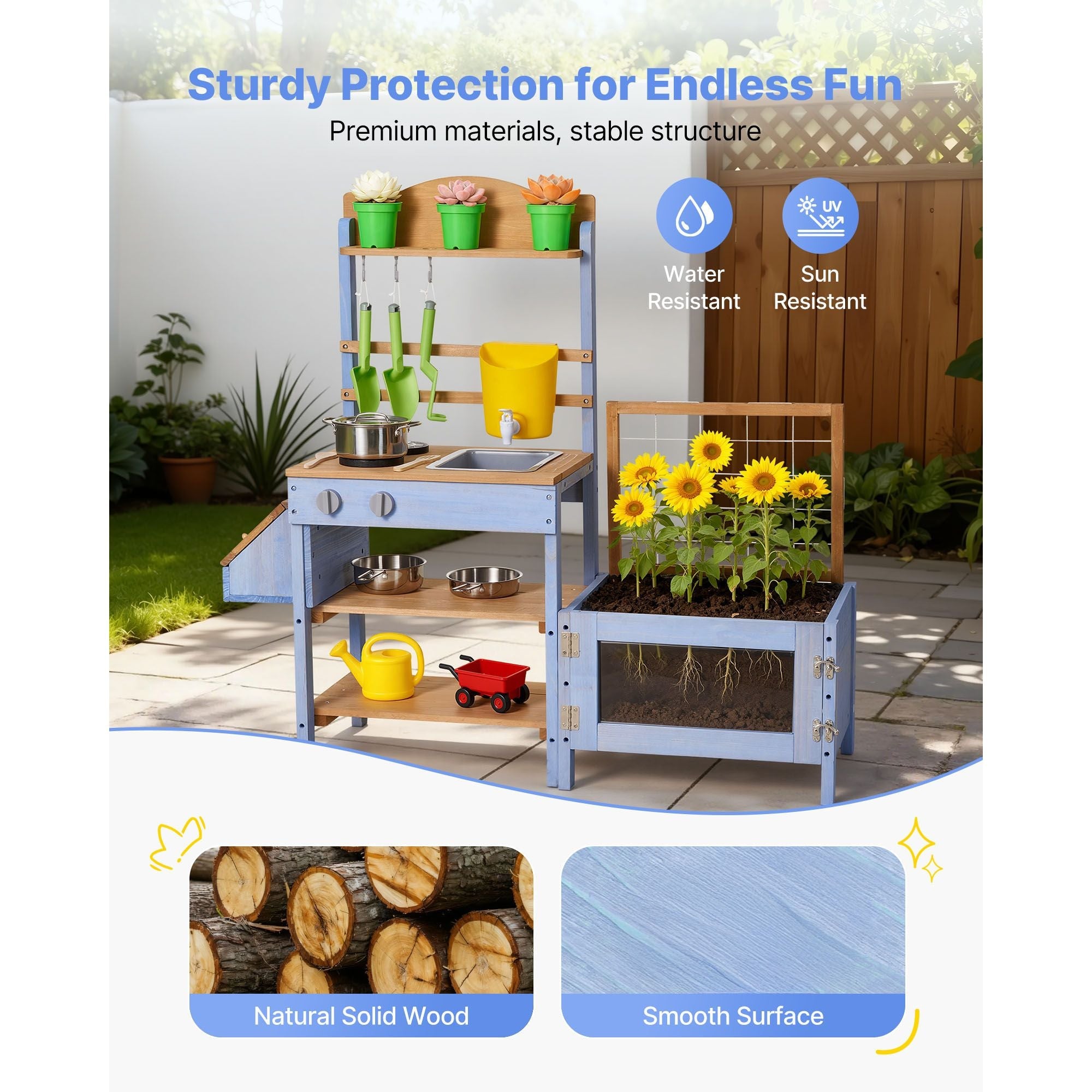 Mud Kitchen, Outdoor Mud Kitchen for Kids, Wood Outdoor Play Kitchens with Planting Box, Critter Catcher Container, Tank, Sink, Cookware Pots and Accessories, Wooden Play Kitchens for Lawn, Yard - Cool Brand Designs