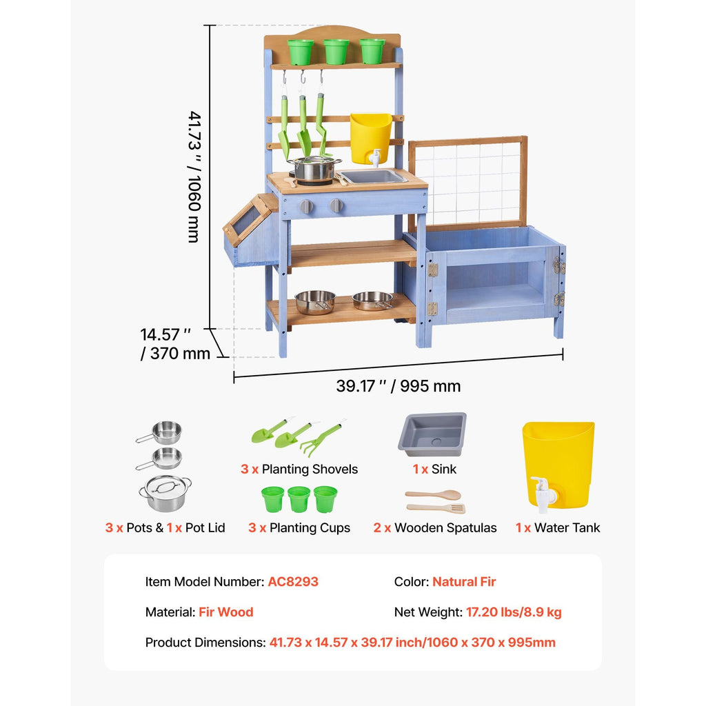 Mud Kitchen, Outdoor Mud Kitchen for Kids, Wood Outdoor Play Kitchens with Planting Box, Critter Catcher Container, Tank, Sink, Cookware Pots and Accessories, Wooden Play Kitchens for Lawn, Yard - Cool Brand Designs