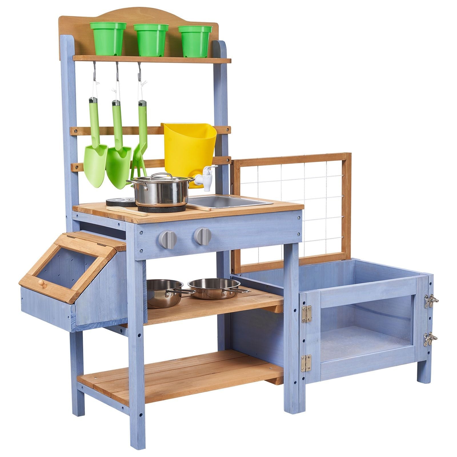Mud Kitchen, Outdoor Mud Kitchen for Kids, Wood Outdoor Play Kitchens with Planting Box, Critter Catcher Container, Tank, Sink, Cookware Pots and Accessories, Wooden Play Kitchens for Lawn, Yard - Cool Brand Designs