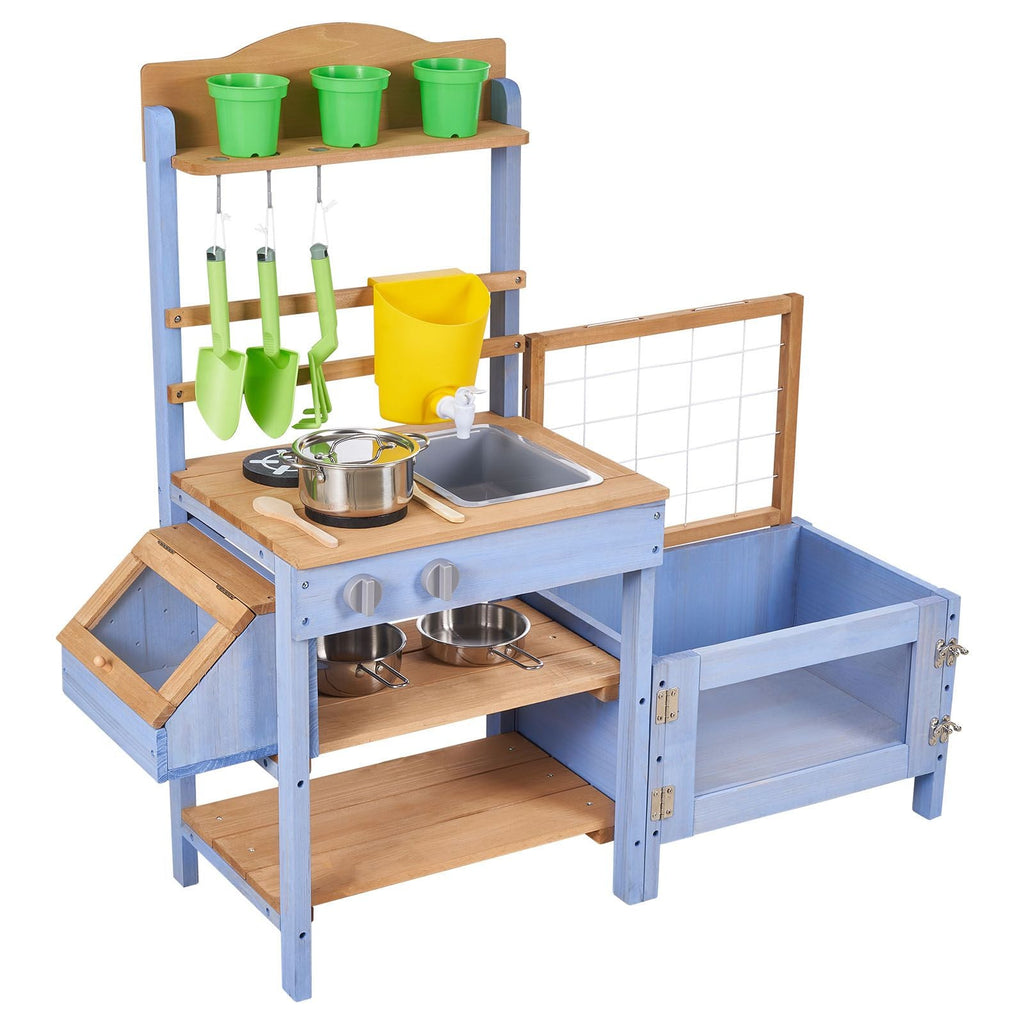 Mud Kitchen, Outdoor Mud Kitchen for Kids, Wood Outdoor Play Kitchens with Planting Box, Critter Catcher Container, Tank, Sink, Cookware Pots and Accessories, Wooden Play Kitchens for Lawn, Yard - Cool Brand Designs