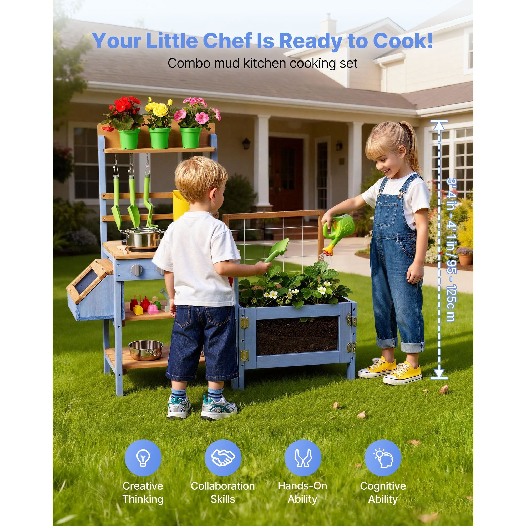 Mud Kitchen, Outdoor Mud Kitchen for Kids, Wood Outdoor Play Kitchens with Planting Box, Critter Catcher Container, Tank, Sink, Cookware Pots and Accessories, Wooden Play Kitchens for Lawn, Yard - Cool Brand Designs