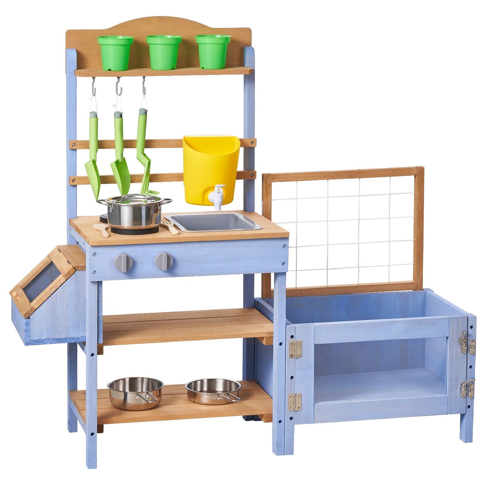 Mud Kitchen, Outdoor Mud Kitchen for Kids, Wood Outdoor Play Kitchens with Planting Box, Critter Catcher Container, Tank, Sink, Cookware Pots and Accessories, Wooden Play Kitchens for Lawn, Yard - Cool Brand Designs