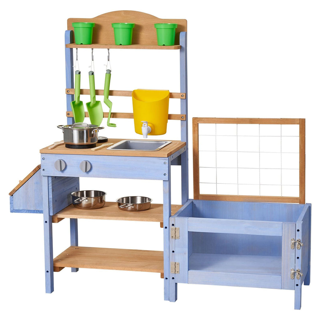 Mud Kitchen, Outdoor Mud Kitchen for Kids, Wood Outdoor Play Kitchens with Planting Box, Critter Catcher Container, Tank, Sink, Cookware Pots and Accessories, Wooden Play Kitchens for Lawn, Yard - Cool Brand Designs
