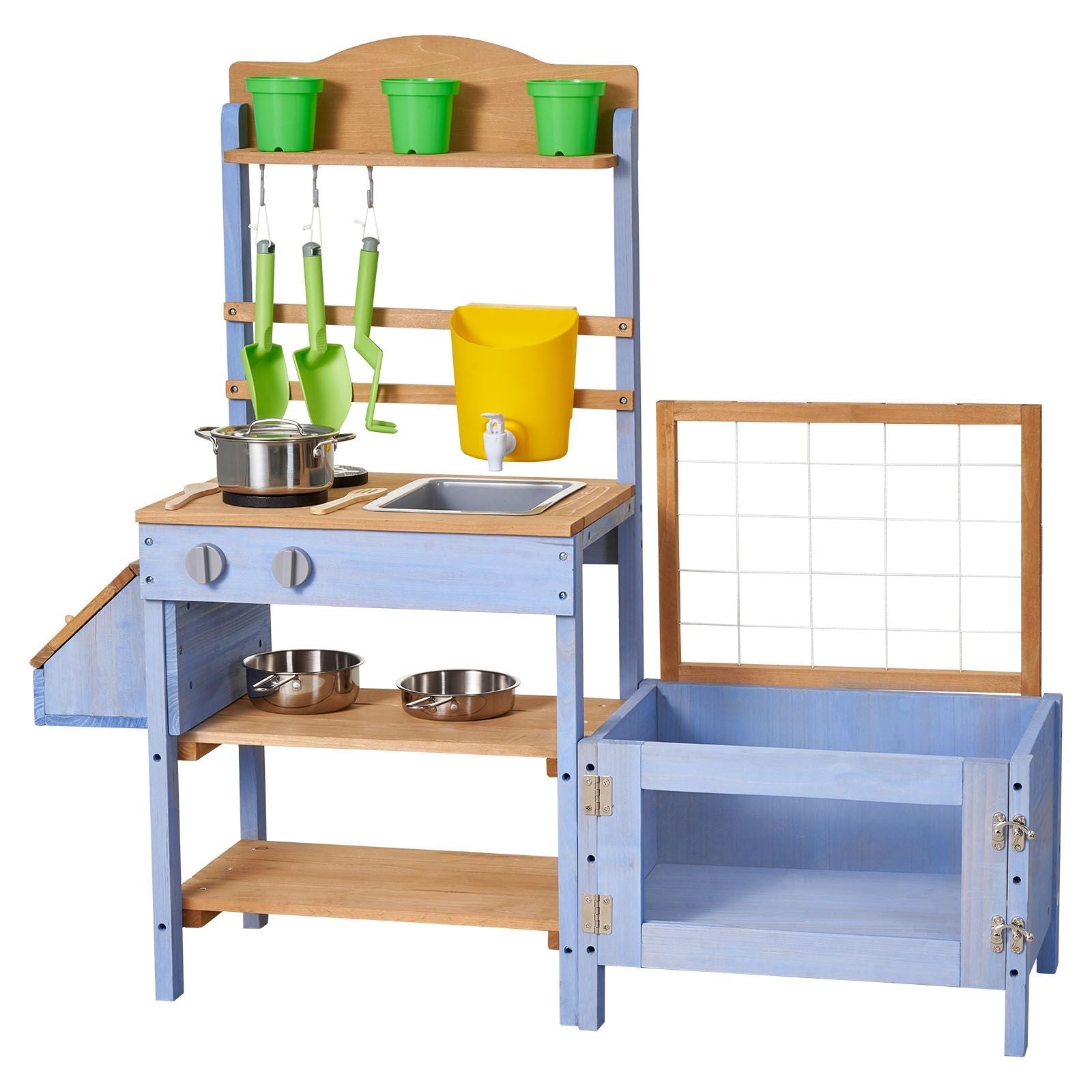 Mud Kitchen, Outdoor Mud Kitchen for Kids, Wood Outdoor Play Kitchens with Planting Box, Critter Catcher Container, Tank, Sink, Cookware Pots and Accessories, Wooden Play Kitchens for Lawn, Yard - Cool Brand Designs