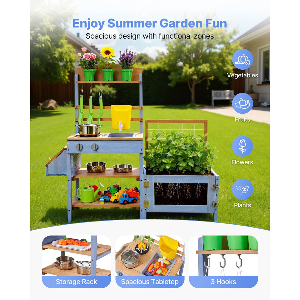 Mud Kitchen, Outdoor Mud Kitchen for Kids, Wood Outdoor Play Kitchens with Planting Box, Critter Catcher Container, Tank, Sink, Cookware Pots and Accessories, Wooden Play Kitchens for Lawn, Yard - Cool Brand Designs