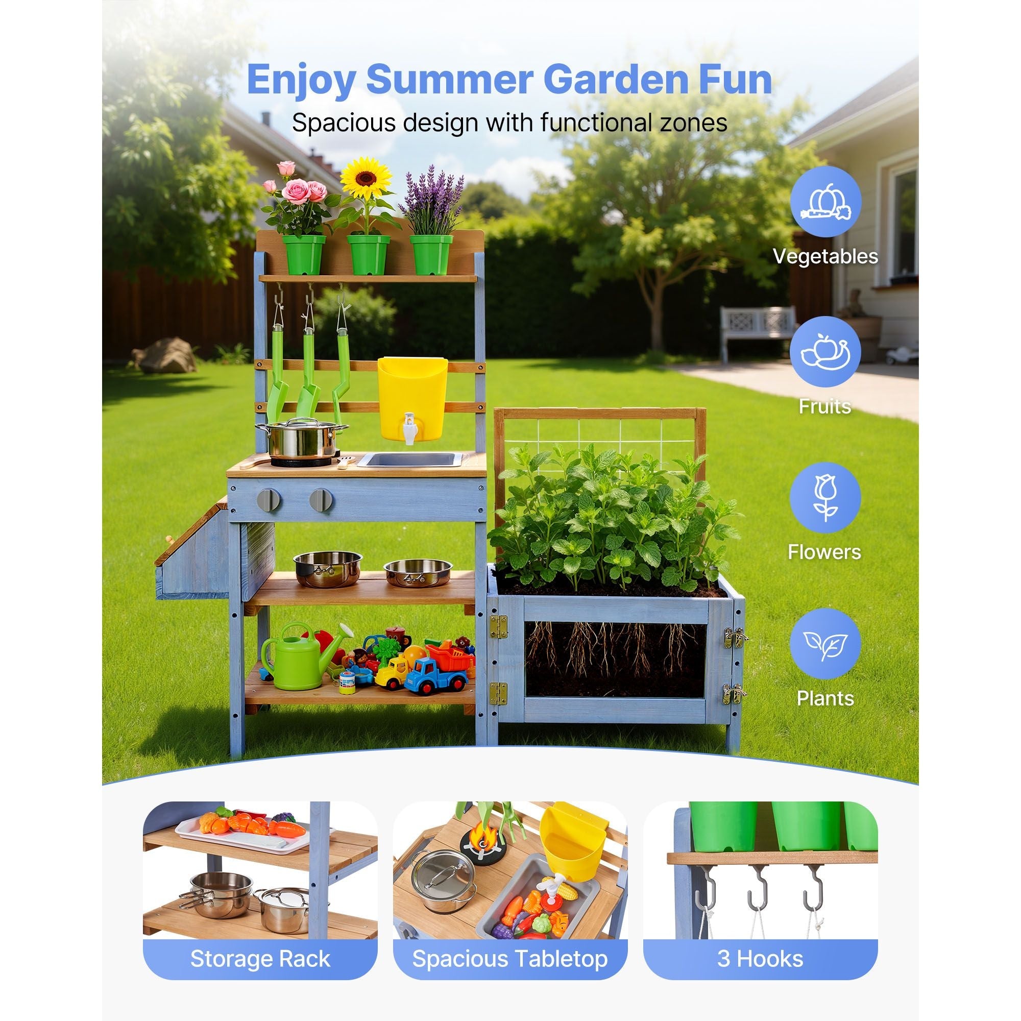 Mud Kitchen, Outdoor Mud Kitchen for Kids, Wood Outdoor Play Kitchens with Planting Box, Critter Catcher Container, Tank, Sink, Cookware Pots and Accessories, Wooden Play Kitchens for Lawn, Yard - Cool Brand Designs