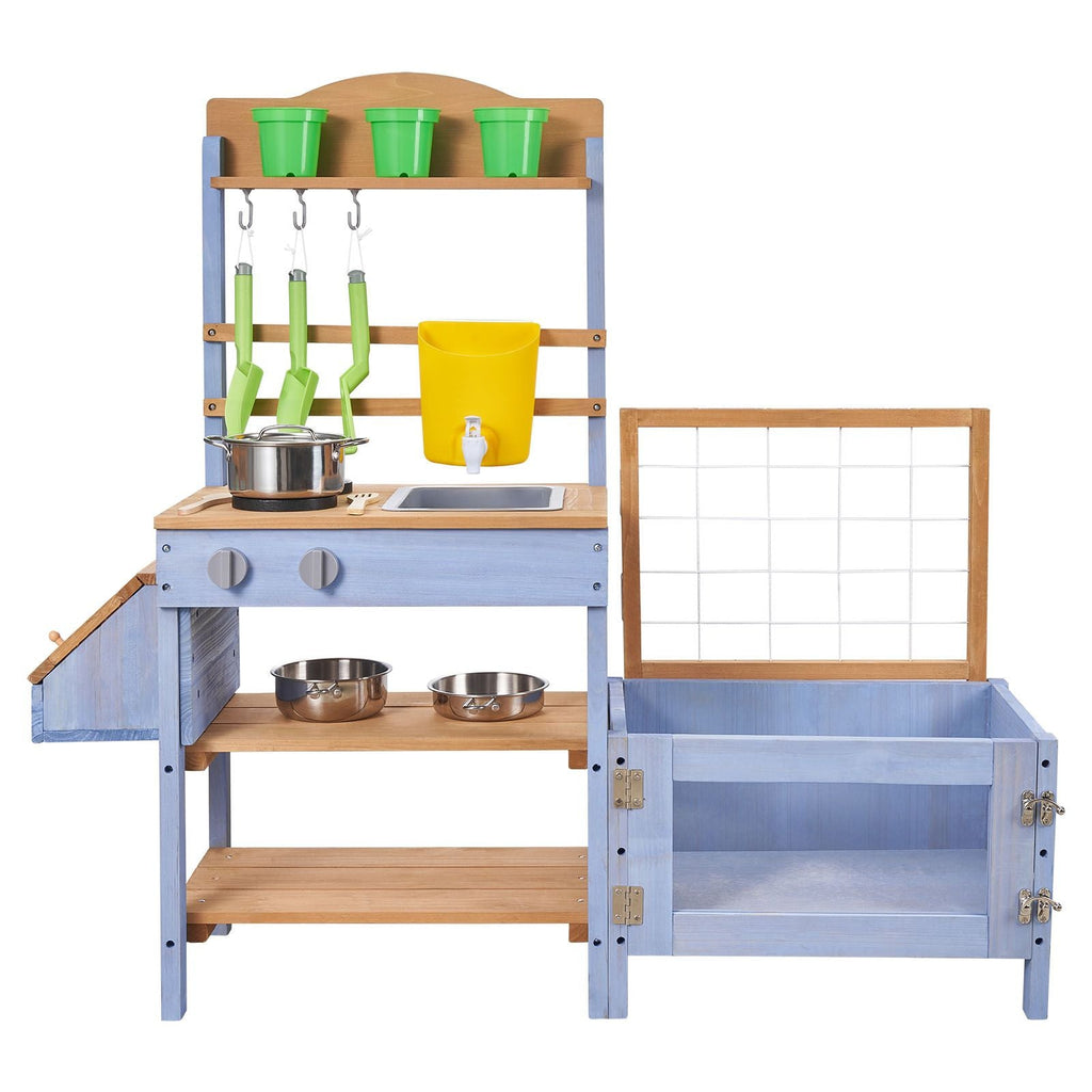 Mud Kitchen, Outdoor Mud Kitchen for Kids, Wood Outdoor Play Kitchens with Planting Box, Critter Catcher Container, Tank, Sink, Cookware Pots and Accessories, Wooden Play Kitchens for Lawn, Yard - Cool Brand Designs