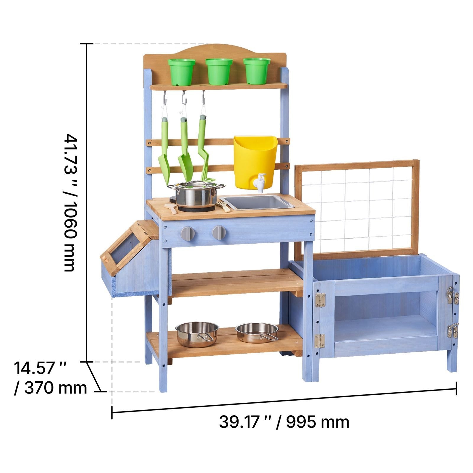 Mud Kitchen, Outdoor Mud Kitchen for Kids, Wood Outdoor Play Kitchens with Planting Box, Critter Catcher Container, Tank, Sink, Cookware Pots and Accessories, Wooden Play Kitchens for Lawn, Yard - Cool Brand Designs
