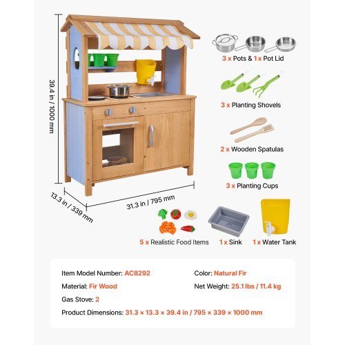 Mud Kitchen, Outdoor Mud Kitchen for Kids, Wood Outdoor Play Kitchens with Spoons, Sink, Tank, Sunshade Canopy, Shovels, Cookware Pots and Accessories, Wooden Play Kitchens for Home, Lawn - Cool Brand Designs