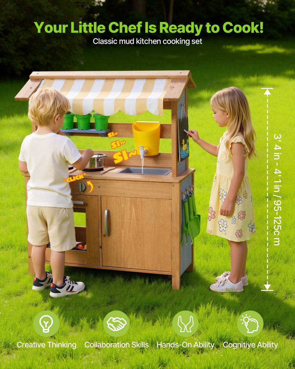 Mud Kitchen, Outdoor Mud Kitchen for Kids, Wood Outdoor Play Kitchens with Spoons, Sink, Tank, Sunshade Canopy, Shovels, Cookware Pots and Accessories, Wooden Play Kitchens for Home, Lawn - Cool Brand Designs