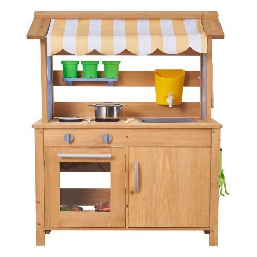 Mud Kitchen, Outdoor Mud Kitchen for Kids, Wood Outdoor Play Kitchens with Spoons, Sink, Tank, Sunshade Canopy, Shovels, Cookware Pots and Accessories, Wooden Play Kitchens for Home, Lawn - Cool Brand Designs